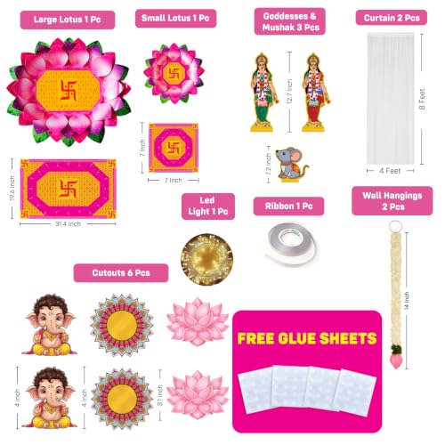 Image of Party Propz Ganpati Decoration Setup for Home - 25 pcs DIY Paper Lotus Makhar (Set of 2 Small & Big Lotus) with Cutouts, White Net Curtain & Light, Lotus Bud Hanging, Varalakshmi, Janmashtami Decor