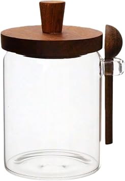 Sugar Bowl with Lid and Spoon,20 oz Sugar Container for Coffee Bar, Glass Coffee Canister, Airtight Food Storage Jar, Brown Sugar Container, Cereal Tea Salts Spice Jar Flat