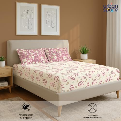 Image of Urban Space Divine 100% Cotton King Fitted Size Bedsheet, 144 TC Super Soft Elastic bedsheets for King Size Bed, Floral Design King bedsheet with 2 Pillow Covers (72 inch x 78 inch, Raina Mauve)