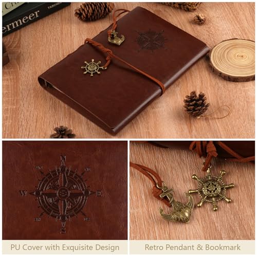 Hopton PU Leder Tagebuch, Nachfüllbar Notizbuch A5, Blanko Reisetagebuch Vintage Journal, Kraftpapier Ringbuch Skizzenbuch A5 Leeres Buch mit 160 Seiten (23.3 × 16 cm,Braun)
