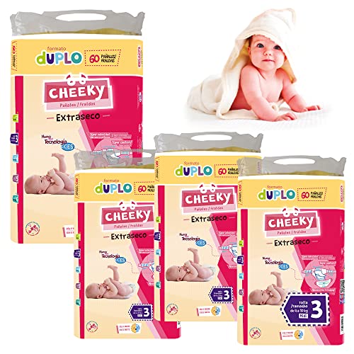 Cheeky Pañal Ultraseco - PREMIUM - Pack Ahorro - TODAS LAS TALLAS - Apto para pieles Atópicas (Talla 3 - de 4 a 10 kg.) 240 Uds.