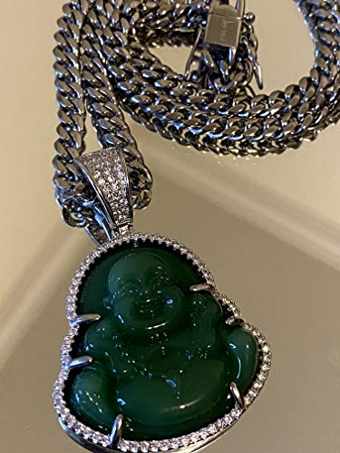 Smiling Happy Iced Laughing Buddha Green Jade Pendant Necklace Miami Cuban Chain Cz Box Lock, Genuine Certified Grade A Jadeite Jade Hand Crafted, Silver Jade Medallion 6mm 20" Cuban Choker3