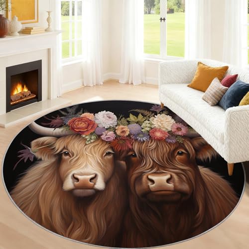 Tapis rond lavable Highland Cattle 100 cm style bohème - 4
