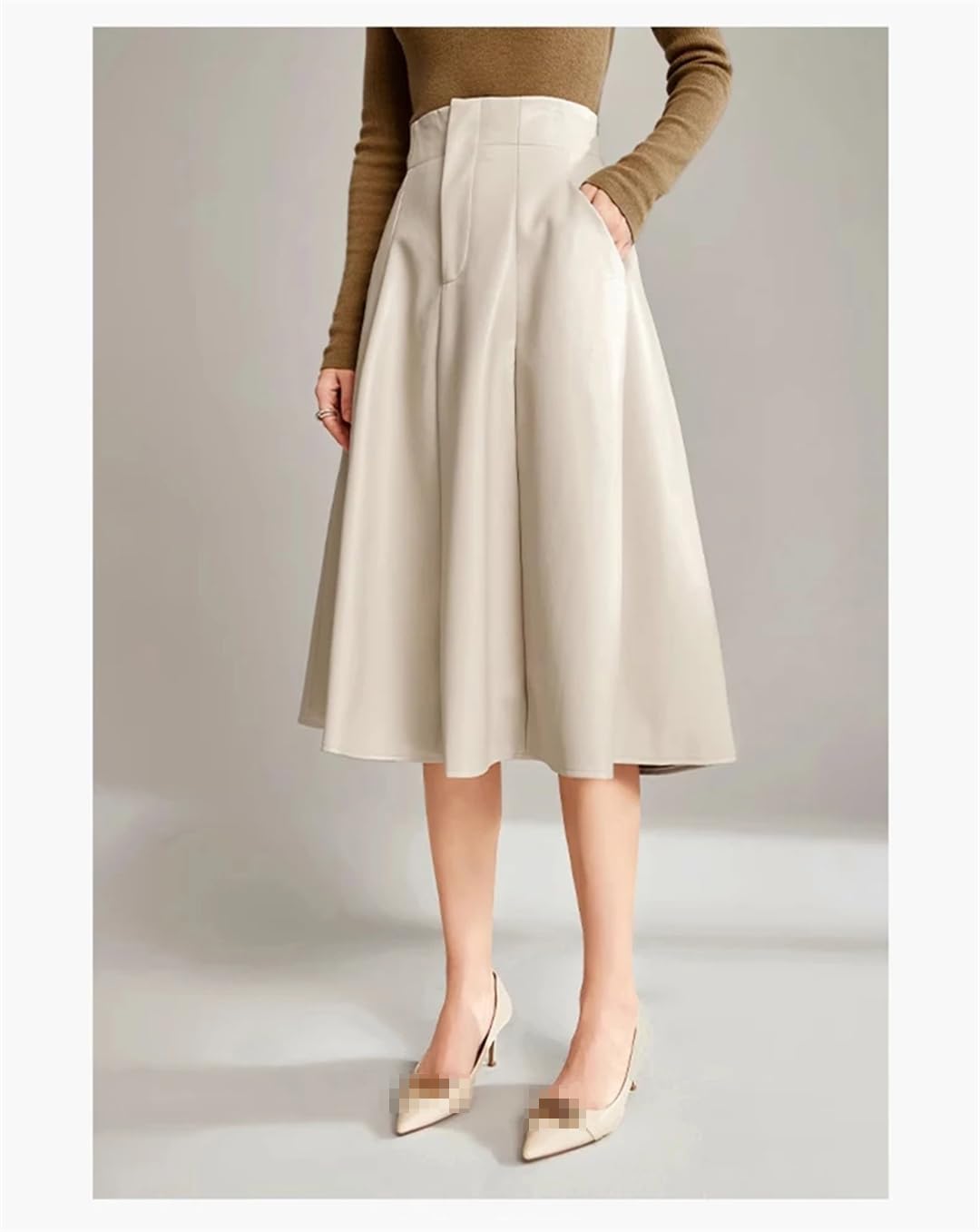 Falda hasta la Rodilla de Cuero sintético Suave y Elegante para Mujer Falda Midi de Cintura Alta con Bolsillo,Fblanco-XL