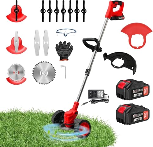 ALSO GO 24V Electric Weed Wacker, Cordless Grass Trimmer, 3 in 1 Grass Trimmer with 2pcs Batteries & Charger, Battery Powered Weed Eater/Brush Cutter/Edger with Wheels for Garden and Yard Lawn