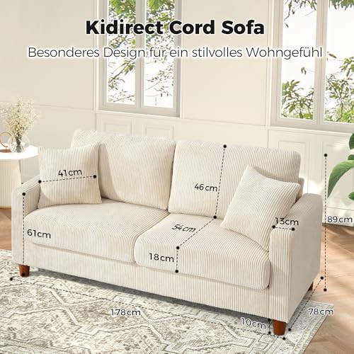 Kidirect Cord Sofa 3 Sitzer, 178CM Bequemes Couch 53CM Extra Tiefe Sitze, Sofa Wohnzimmer Werkzeugfreie Montage, Big Sofa Couch mit 2 Kissen, Modernes Couch fürs Büro, Schlafzimmer Sofas Beige