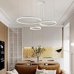 Suspension LED Moderne, Collection de Peinture Blanche à 3 Anneaux, Suspension Réglable Lustre de Plafond Moderne, Dimmable 2700K – 6500K, avec Télécommande 78W