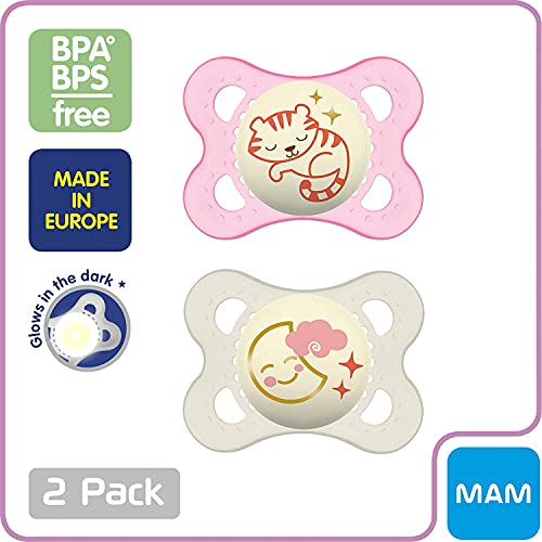 Image of MAM Original Day & Night Baby Pacifier, Nipple Shape Helps Promote Healthy Oral Development, Glows in The Dark, 0-6 Months, Baby Girl, 2 Count