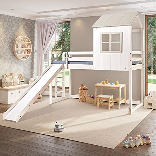 Cama Infantil Alta Cabana Família com Escorregador Casatema Branco/Cremoso