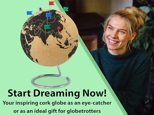 Vaudagio Beautiful Cork Globe with 102 Different Push Pins - Spinning Travel Globe 26cm / 10 inch High with Push Pin Made of Cork – as Travel Map & Gift Idea for Globetrotters