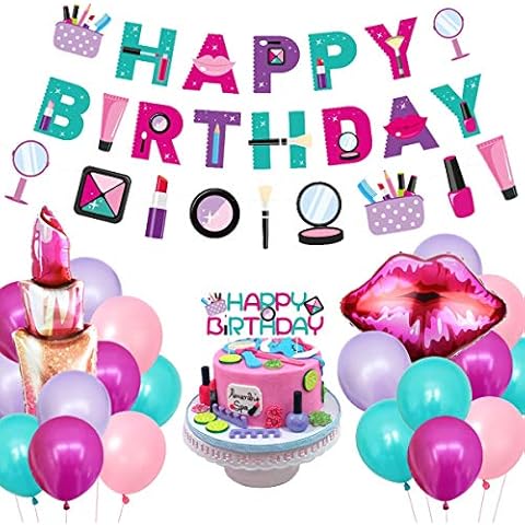Spa Party Decorations, Cosmetics Make Up Happy Birthday Banner Kit, Lipstick Balloon for Nail Polish Party, Girl’s Make Up Themed Birthday Party Supplies Cover
