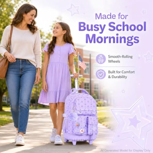 Image of CCJPX 3Pcs Rolling Backpack for Girls, Roller Wheeled School Bookbag, Star Wheels Backpacks with Lunch Box for Kids (Purple)