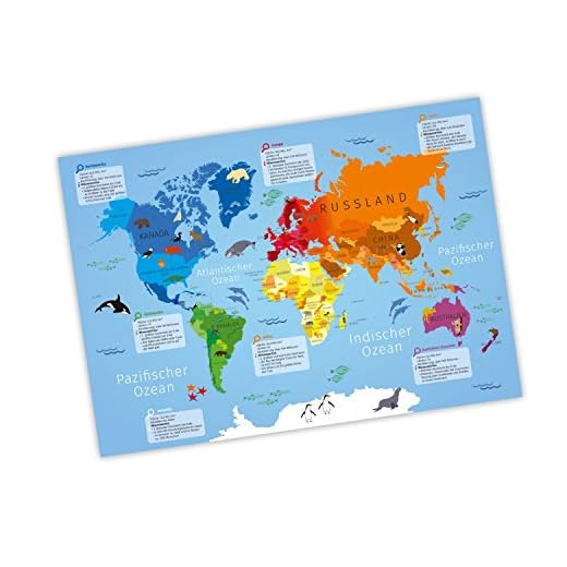 nikima - Kinder Lernposter Weltkarte - Plakat für Kindergarten Schule Schulanfang Schuleintritt Einschulung Kinderzimmer Deko Wandbild - Größe DIN A3-420 x 297 mm