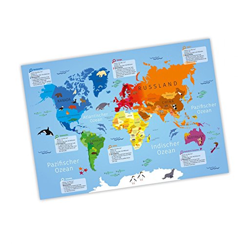nikima - Kinder Lernposter Weltkarte - Plakat für Kindergarten Schule Schulanfang Schuleintritt Einschulung Kinderzimmer Deko Wandbild - Größe DIN A3-420 x 297 mm