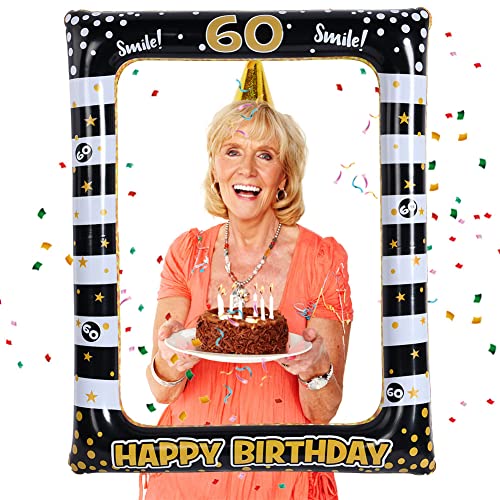 Flintronic Marco inflable de 60 cumpleaños, marco de fotos inflable para fiesta de cumpleaños de color negro y dorado, kit de accesorios divertidos para selfies, suministros navideños divertidos para