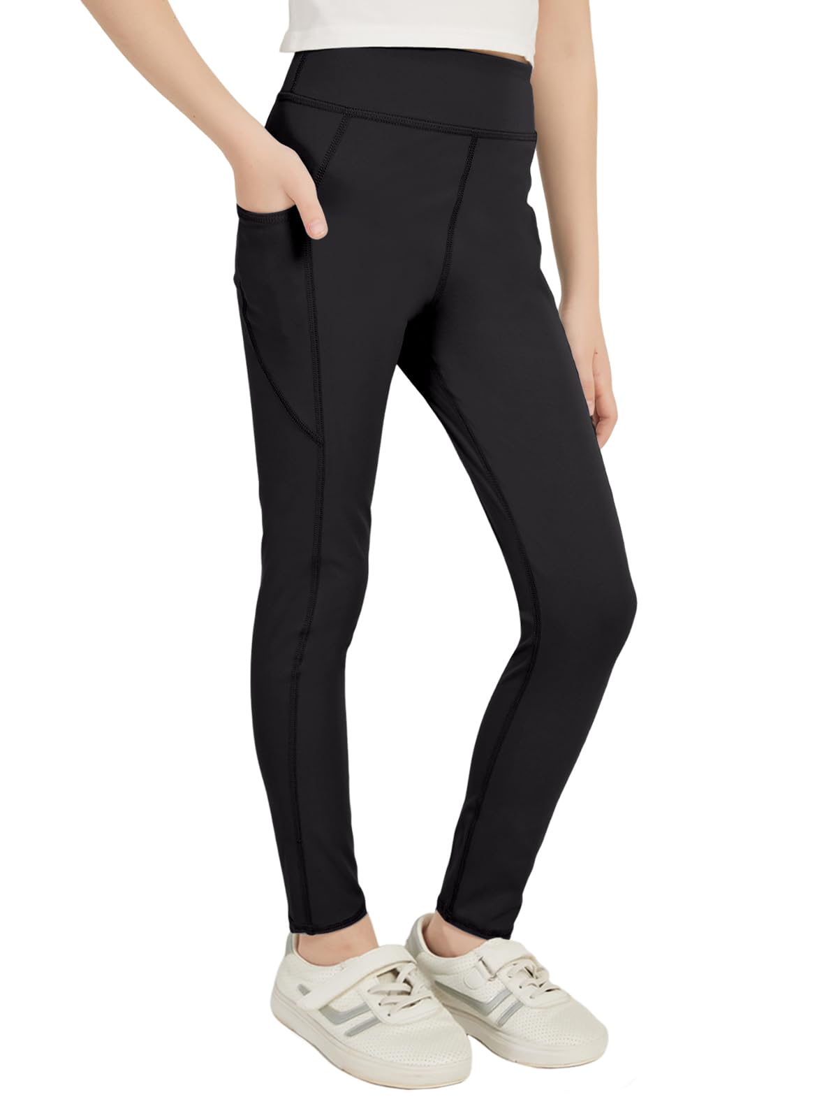 zffriction Sportleggings Mädchen Lang Sporthose mit 2 Taschen Schwarze Leggings Kinder Turnhose Gymnastikhose für Jogging, Training, Yoga