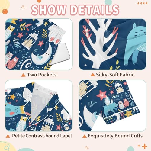 senya Bears Owls Moon Satin Summer Pajama Sets Silk Short Sleeve Button Down Sleepwear3
