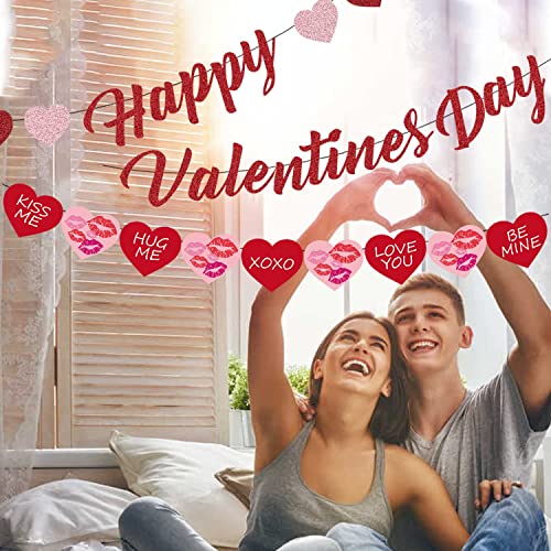 Image of FestikoHappy Valentines Day Banner, Valentines Day Decoration-Red Pink Glitter, Valentines Day Banner,Conversation Hearts Decor,Hearts Garland Banner, Valentines Garland,Candy Hearts Decorations