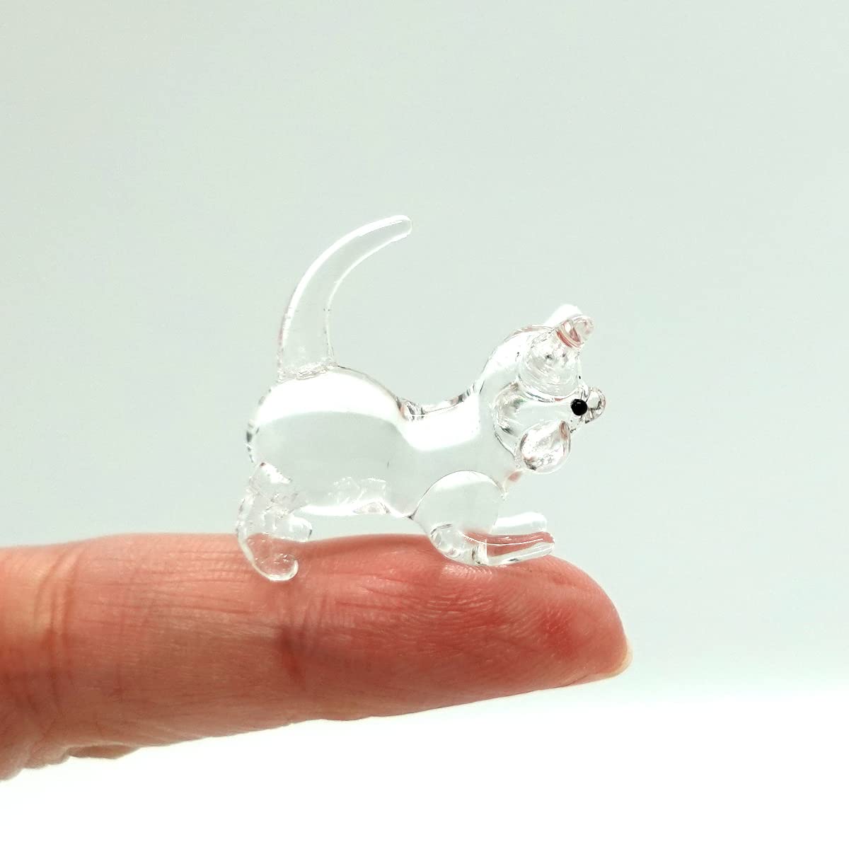 Sansukjai Rare Cat Tiny Micro Figurines Hand Blown Clear Glass Art Animals Collectible Gift Home Décor (O)
