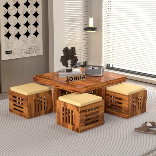 Image of ONIJA Solid Sheesham Wood Coffee Table with 4 Stools | Rosewood Centre Table with Cushioned Stool for Living Room (Urban, Honey Finish)
