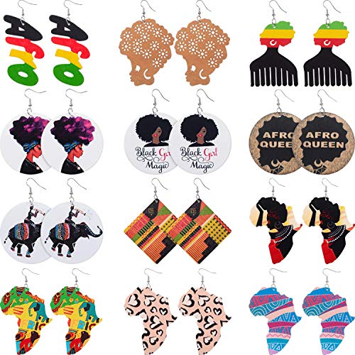 Hicarer 12 Pairs African Map Wooden Earrings African Women Dangle Earrings Natural Ethnic Earrings (African Afro Styles)