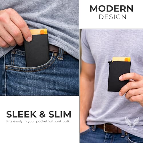 Image of VOGARD Slim RFID Card Wallet for Men & Women - Metal Minimalist Card Holder with Quick Access Button | Holds 5-6 Cards | Front Pocket Compact RFID Blocking Wallet (Black)