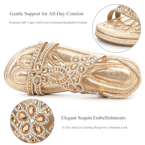 Women's Comfortable T-Strap Sandals - Extra Cushioned Bohemian Flat Shoes with Rhinestones & Beads for Walking, Beach, Wedding2