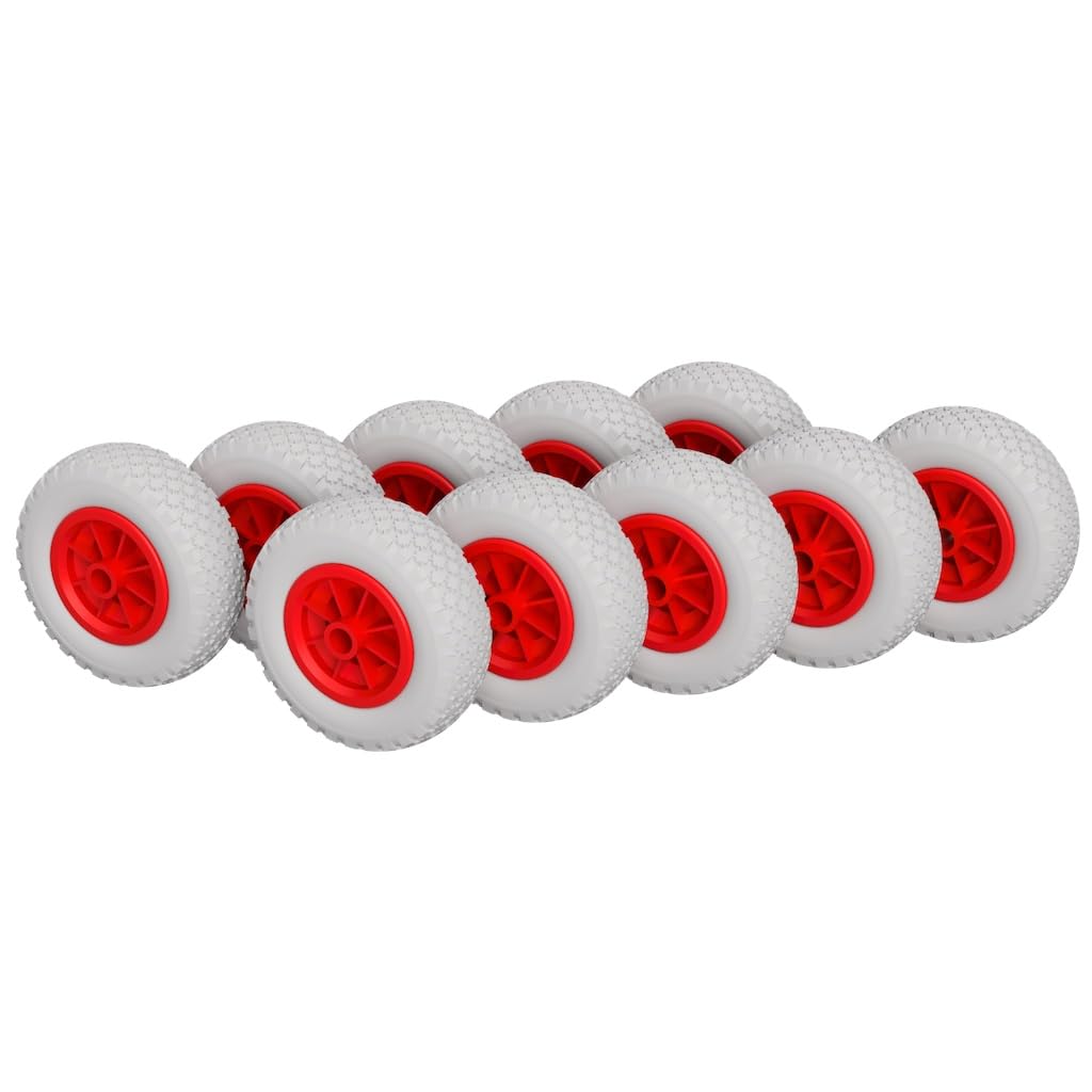 10 x Rueda de poliuretano Ø 200 mm 2,50-4 cojinete liso rollo rueda de lanzamiento a prueba de pinchazos, gris/rojo