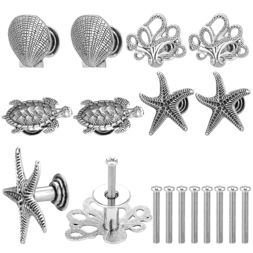 Zonon 8 Pcs Coastal Nautical Cabinet Knobs Beach Ocean Themed Drawer Knobs Starfish Seashell Sea Turtle Octopus Cabinet Pulls & Handle Metal Knob for Dresser Cupboard Wardrobe (Pewter)