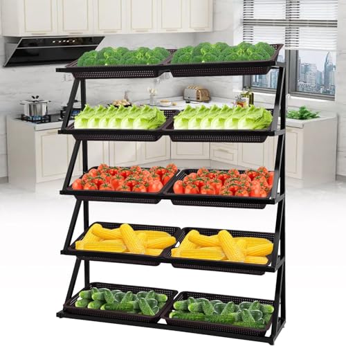 Regal für die Aufbewahrung von Einkaufskörben, Ständer für Obst- und Gemüsekörbe, Set mit Snack-Körben, 4/5-lagige Snack-Aufbewahrungswagen, Gemüse-Organizer, Schwarz, 5 Ebenen
