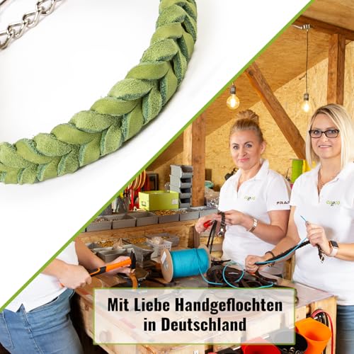 CopcoPet Fettleder Halsband 40–45cm x 20mm Apfelgrün – Geflochten mit Zugstopp-Kette – Robust & weich – Verchromte Kette – Lederhalsband für mittelgroße Hunde, Training & Alltag
