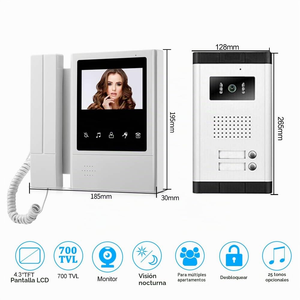 Sistema Intercomunicación Timbre Video Puerta de 4.3" 2 Monitores + Cámara de Visión Nocturna 700TVL para 2 Apartamentos/Familias