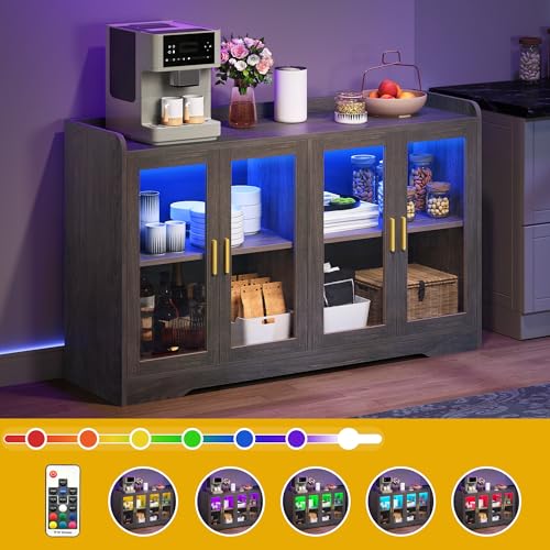 DWVO 55'' Sideboard Buffet Cabinet, Bar Cabinet with LED Light, Doors & Adjustable Shelves for Kitchen, Dining Room, Living Room, Charcoal Grey