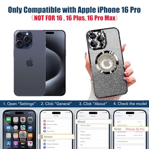 Image of Misscase for iPhone 16 Pro Magnetic Glitter Case Compatible with MagSafe,Full Protection Slim Shockproof Anti-Scratch Case with Camera Lens Protector Logo View Dust-Proof Net for Women Black