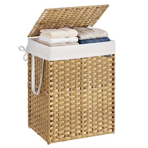 SONGMICS Laundry Basket 110 L Synthetic Rattan Storage Basket with Lid and Handles Wicker Foldable Removable Liners for Blankets Clothes Living Room Laundry Room Natural Colour LCB152Y01