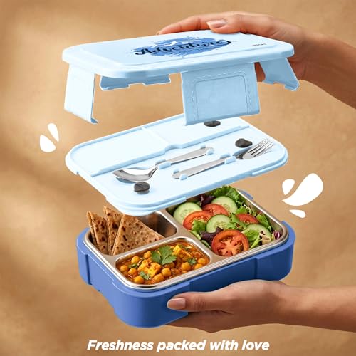 Image of Milton Bravo 3 Inner Stainless Steel Tiffin Box for School, 3 Partition, Steam Release Plug| PU Insulated, Leak-Proof, Food Grade I Lunch Box for Kids Boys,Girls with Snap Lock Lid, 600 ml, Light Blue