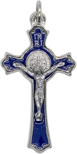 hand made Crucifijo de cruz de San Benito de 3 pulgadas de alto, chapado en plata con esmalte azul hand made Crucifijo de cruz de San Benito de 3 pulgadas de alto, chapado en plata con esmalte azul