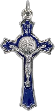 hand made St Benedict Cross Medal Crucifix 3" Tall Silver Plated with Blue Enamel