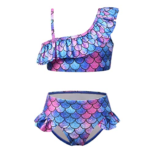 Image of QPANCY Girls One Shoulder Swimsuits Kids Two Piece Bathing Suits Ruffle Beach Swimwear