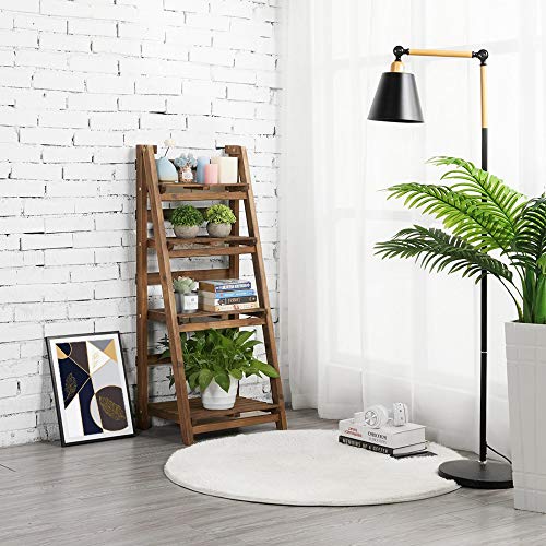YAHEETECH 4-Tier Wooden Foldable Ladder Shelf Magazine Holders Literature Racks Plant Stands Folding Flower Display Pot Decorative Storage Free Standing Indoors/Outdoors Rustic No Assembly Required