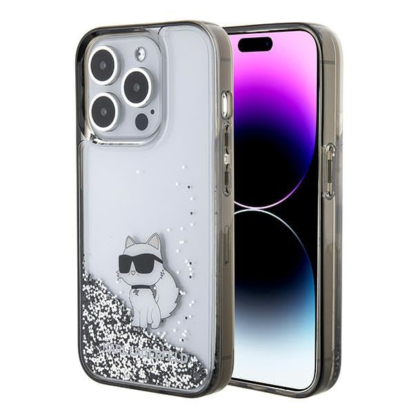 KARL LAGERFELD KLHCP15LLKCNSK Coque de Protection pour iPhone 15 Pro 6,1" Transparent Coque Rigide Ă Paillettes liquides Choupette