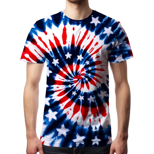 DMPROD Mens Red White Blue Tie Dye T Shirts Hippies Senior Short Sleeve American Flag Tie Dye Tee 4th of July Patriotic Shirt for Men Medium