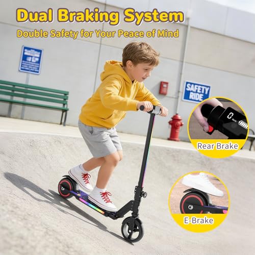 Image of SIMATE Electric Scooter for Kids 6-14, e Kick Scooter with LED Display and Colorful Lights, Adjustable Height and Foldable, Double Brake, Gifts for Kids Girls Boys