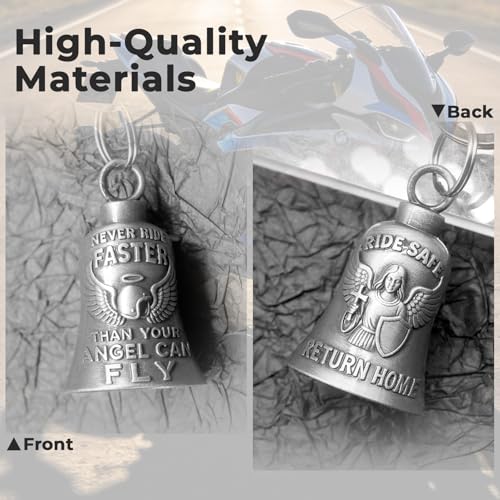 Image of Guardian Angel Motorcycle Bell Biker Luck Gremlin Bells for Motorcycles Riders with Motorcycle Bell Hanger, 2 Key Chain Ring Accessories, Velvet Pouch