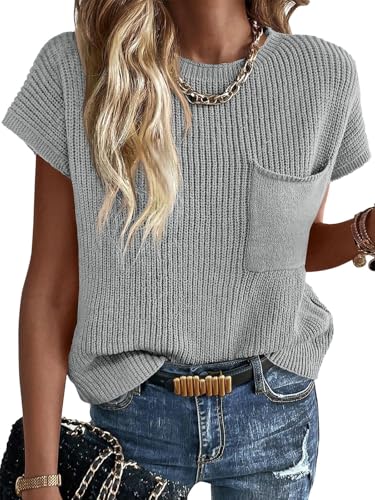 Image of Imily Bela Summer Fall Short Sleeve Sweater for Women | 2026 Crew Neck Ribbed Knit Vests Trendy Pullover Tops,Sweater Tank Tops,Sweater Vest