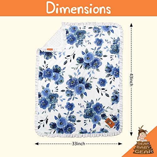 Image of Dear Baby Gear - Reversible Baby Blankets - Soft Nursery Blanket for Newborn - Toddler Blankey - Throw Blanket for Boys & Girls - Infant Blankets - 43x33 (Blue Watercolor Roses on White w /Ruffles)