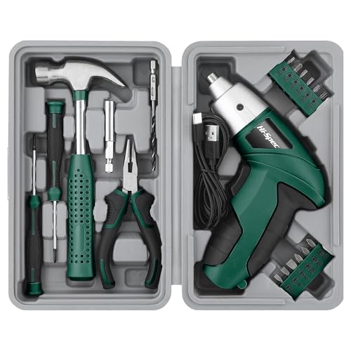 Image of Hi-Spec Cordless Electric Screwdriver, Power Screw Driver Set with Pink Compact Tool Kit for Small Repair and Maintenance- Ideal Housewarming Gift,19 Piece (Green)