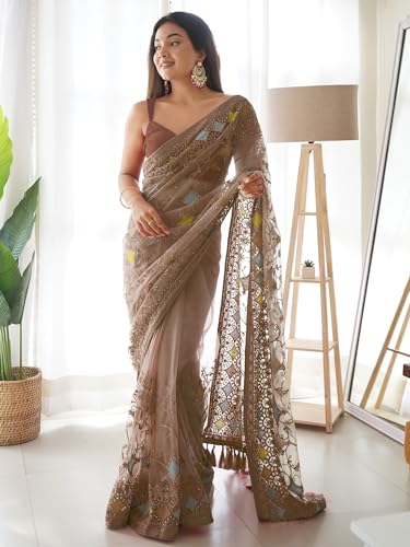 Image of AKHILAM Women's Net Woven Design Saree With Unstitched Blouse Piece (AAVYA701 HV-Parent)