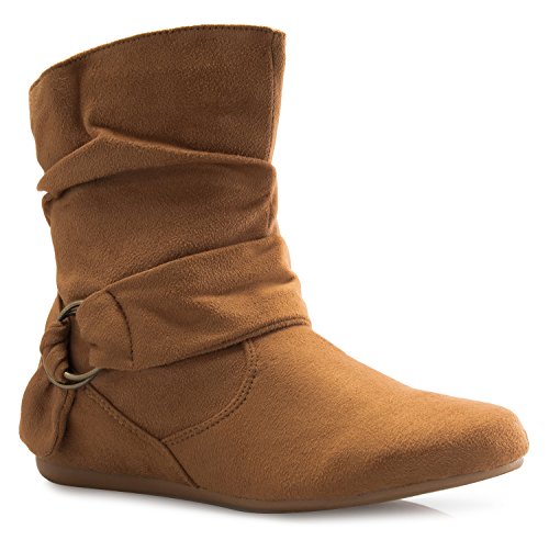 Olivia K Womens Low Heel Slouch Suede Slip On Casual Ankle Boots with Ring Buckle and Side Zipper