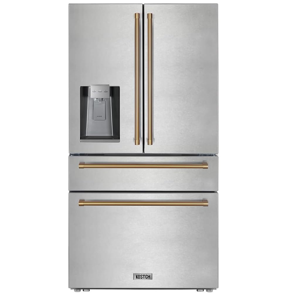 KOSTCH 21.6 Cu.Ft French Door Refrigerator with Ice/Water Dispenser, Stainless Steel with Bronze Handles, Energy Star Certified on Fridge.com